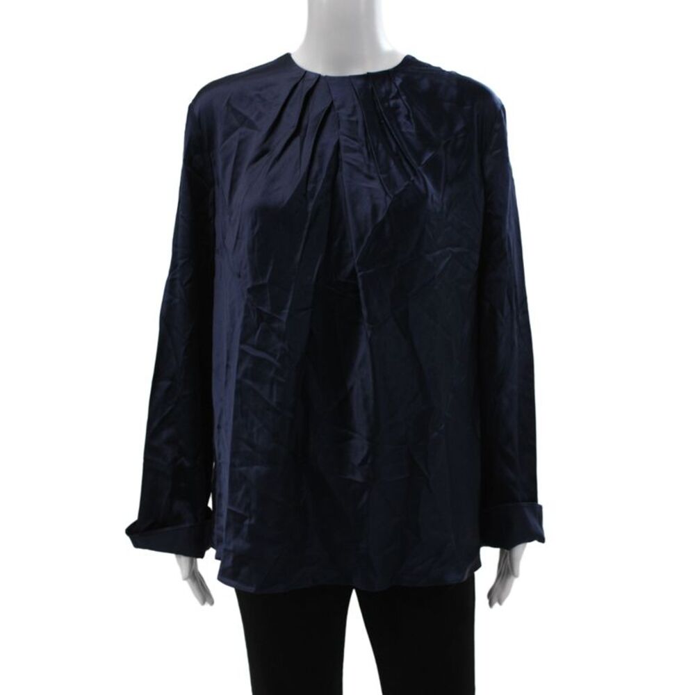 Lily Silk Women Basic Silk Long Sleeve Round Neck Blouse Blue Size L